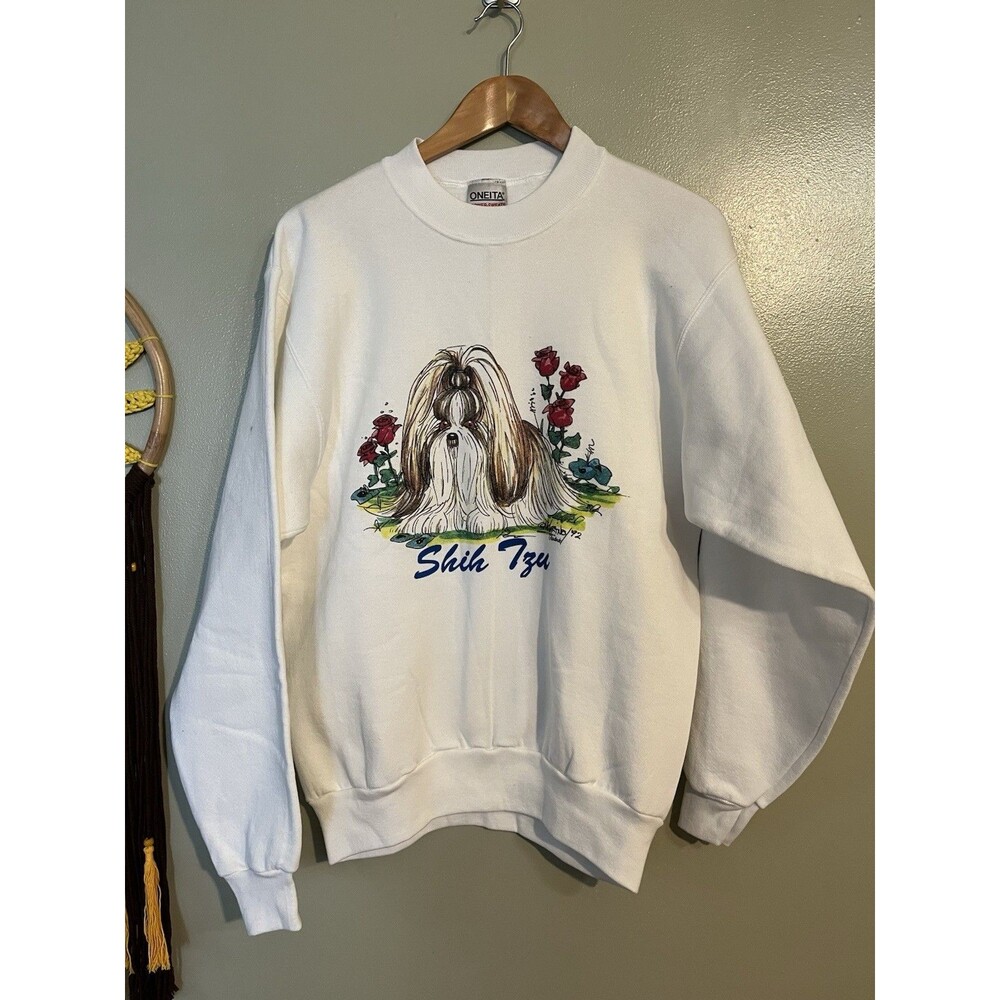 Vintage Womens White Dog Print Crew Neck Sweatshirt Oneita Y2K M